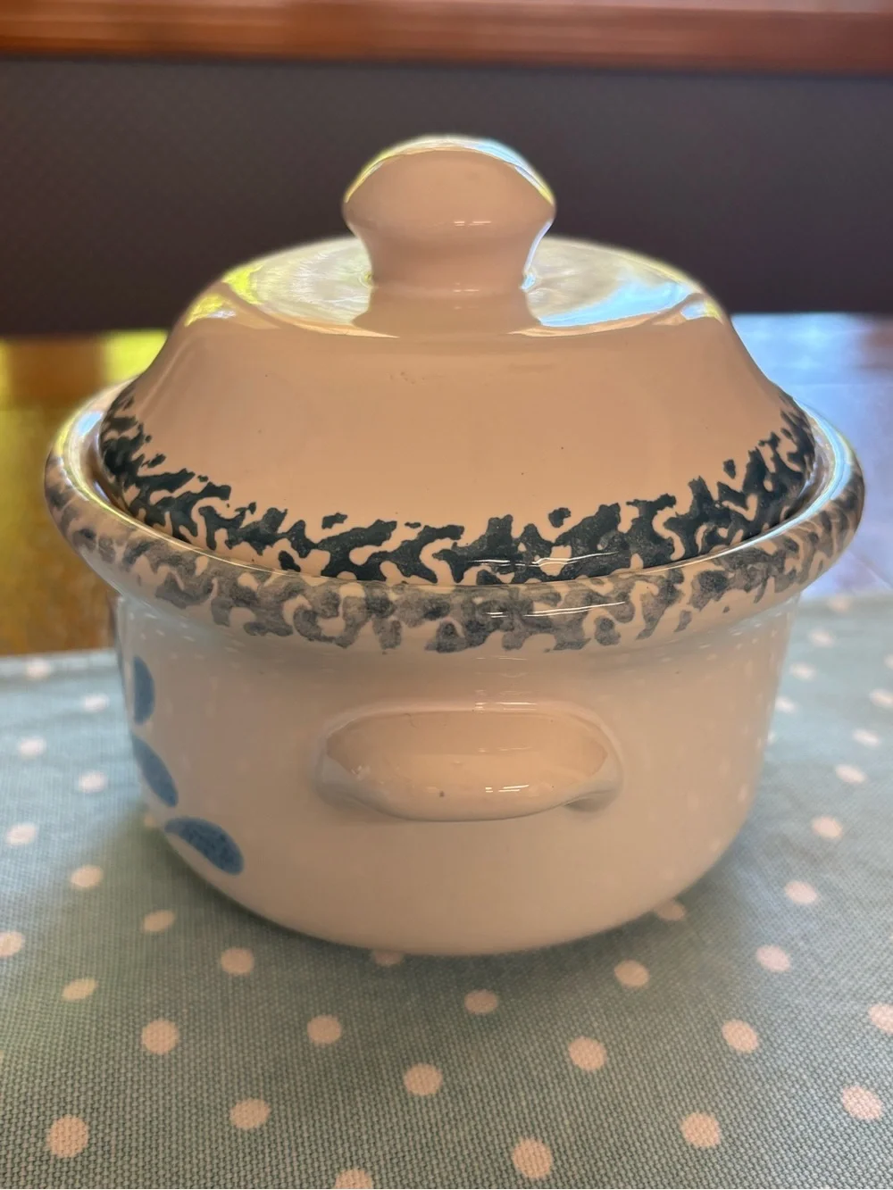 Blue Heart Sponge Pattern Crock with Lid County Kitchen Farmhouse Cottage Core